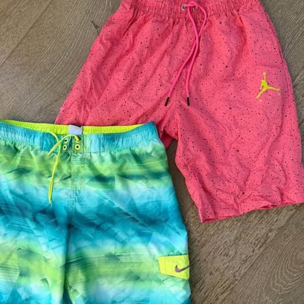Lot of 2 Mens Nike Air Jordan Swim Trunks Board Shorts Pink Green Size M/L